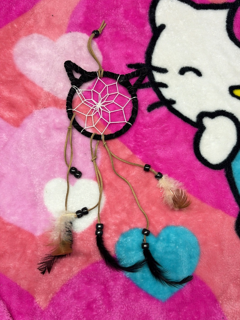 Source Unknown Black Cat Dreamcatcher with Tan Feathers